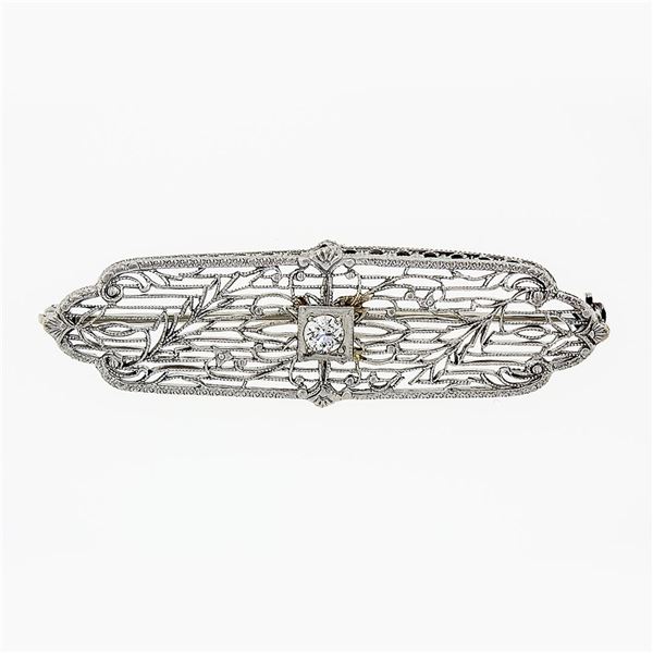 Antique Art Deco 10k White Gold 0.15 ctw Round Diamond Foliage Filigree Brooch P