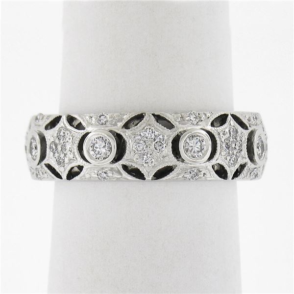 Solid 18K White Gold 0.76 ctw Star Pave & Bezel Diamond Open Work Wide Band Ring