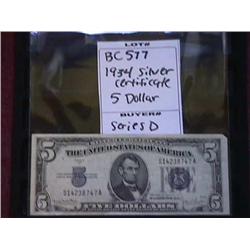 1934 Silver Certificate 5 Dollar