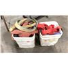 Image 1 : 2 BINS OF ASSORTED LIFTING STRAPS, HARNESSES & 2 FOUR WHEEL CARTS