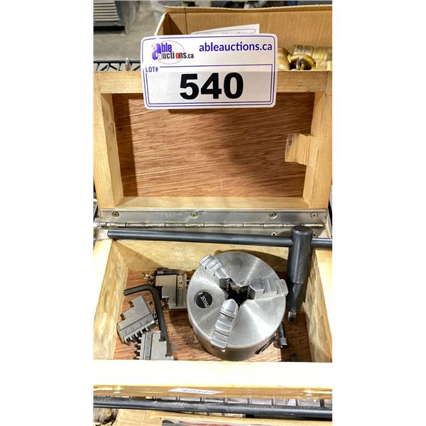 3" LATHE CHUCK WITH (2) SETS OF JAWS, TOOLS, PARTS AND SMALL WOODEN BOX