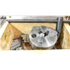 Image 4 : 3" LATHE CHUCK WITH (2) SETS OF JAWS, TOOLS, PARTS AND SMALL WOODEN BOX
