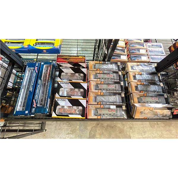 SHELF OF ASSORTED CANADIAN NATIONAL + CANADIAN PACIFIC HO SCALE MODEL TRAINS - TRUELINE TRAINS GOLD