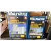 Image 2 : BOX OF WALTHERS HO SCALE MODEL TRAIN SCENIC STRUCTURES & A BOX OF CABLES, WOOD CLOCK & MORE