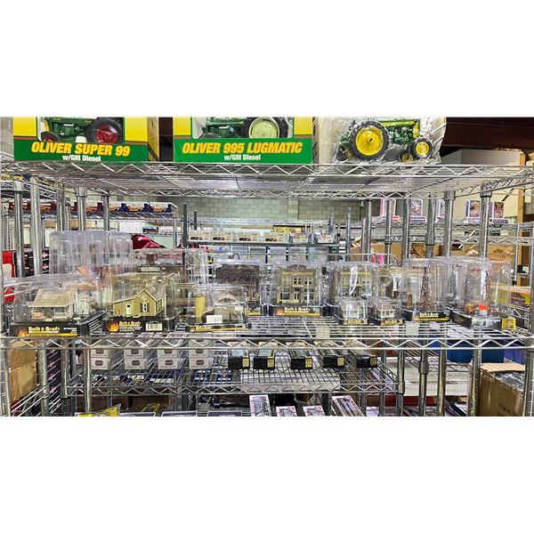 SHELF OF ASSORTED HO SCALE + N SCALE MODEL TRAIN SCENIC STRUCTURES