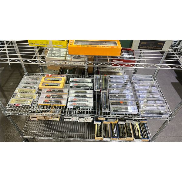 SHELF OF ASSORTED N SCALE MODEL TRAINS - KATO, ATHEARN, INTERMOUNTAIN RAILWAY CO & RAPIDO TRAINS