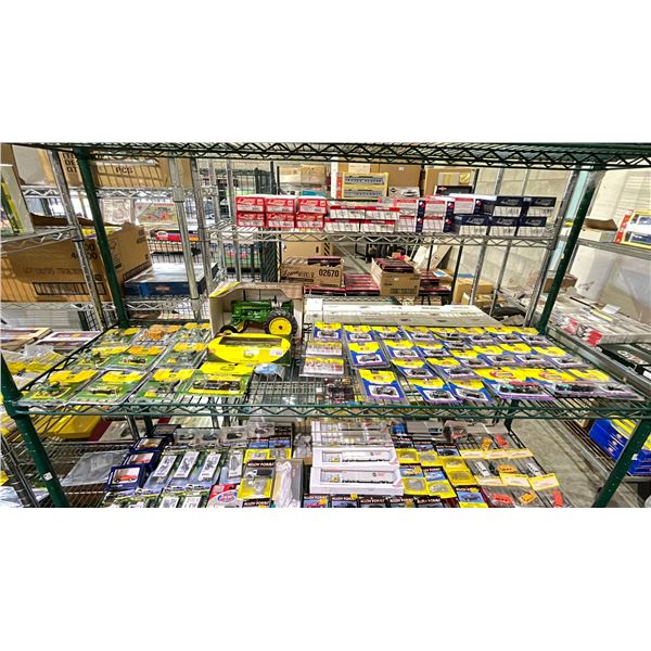 SHELF OF ASSORTED HO SCALE DIE CAST FARM VEHICLES, ATHEARN HO SCALE MODEL TRAIN VEHICLES & MORE