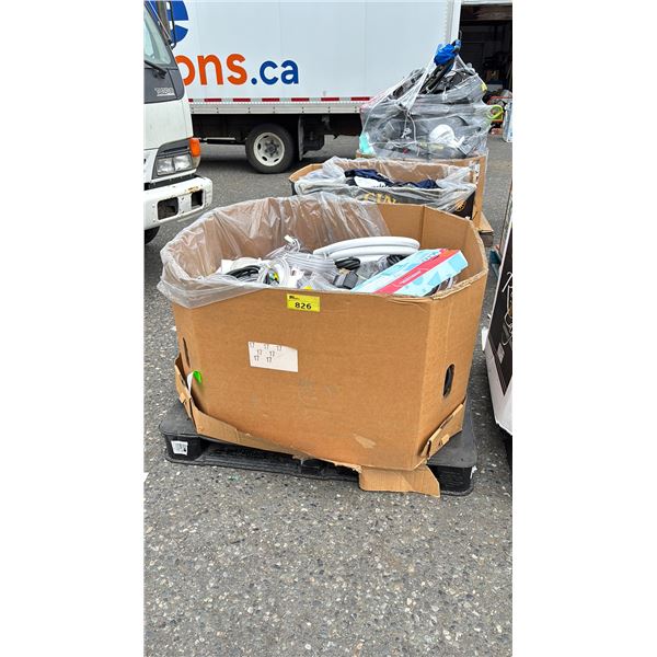 PALLET OF ASSORTED ITEMS INCLUDING; HOSES, PIPE FITTINGS, PVC PIPE, GARDEN HOSE NOZZLES & MORE
