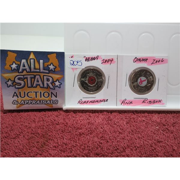 2004 REMEMBRANCE COLORED POPPY & 2006 CANCER COLORED PINK RIBBON CANADA QUARTERS