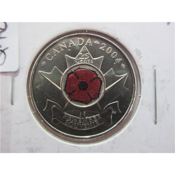 2004 Remembering WWI Canada Colored Poppy Quarter