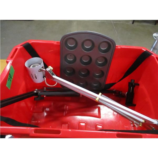 UNCLAIMED STORAGE:  RED TOTE C/W ASSORTED HOUSEWARES