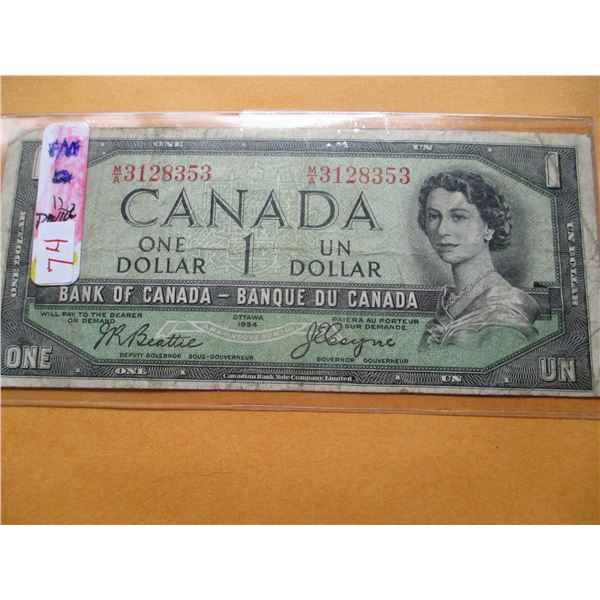 1954 (DEVILS FACE) CANADA $1 BILL
