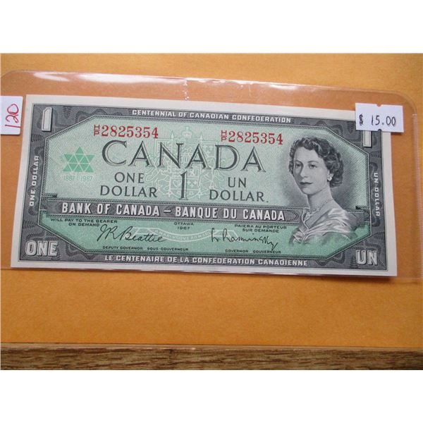 1967 (SERIAL NUMBER) CRISP UNCIRCULATED LAST OF CANADA $1 BILL