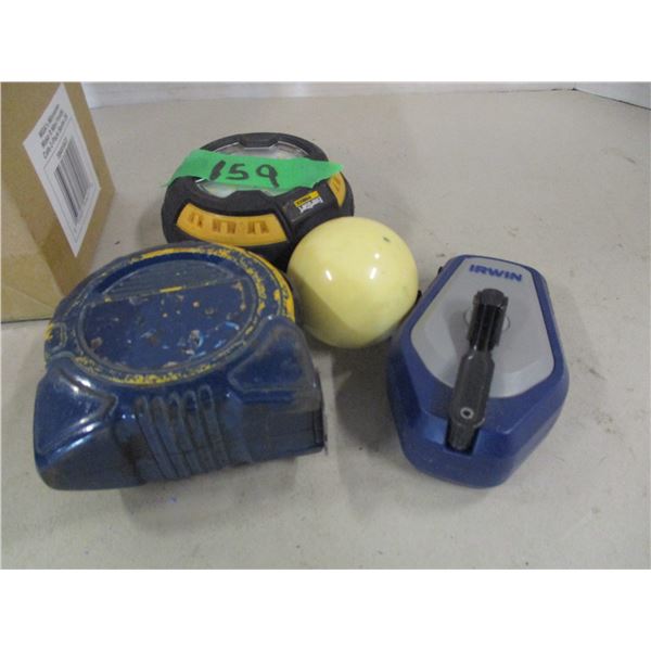 UNCLAIMED STORAGE:  LEVELLER, MEASURING TAPE, POOL BALL, CHALK LINE