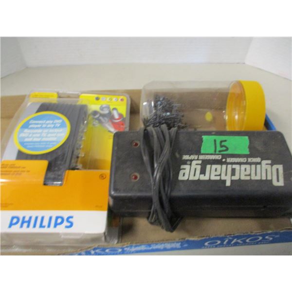 FLAT C/W BATTERY CHARTER, BATTERIES, NAILS, DVD CONNECTOR, ETC