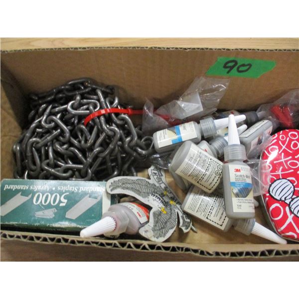 BOX C/W SCOTCH WELD, CHAINS, OFFICE SUPPLIES, ETC