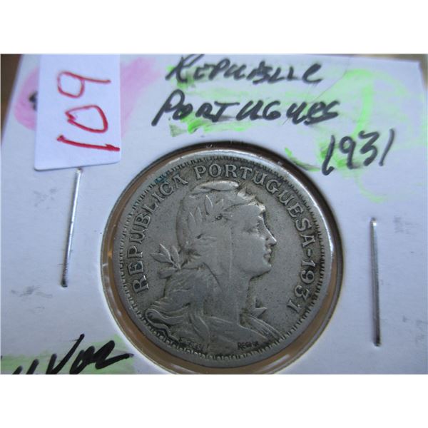 1931 REPUBLIC OF PORTUGUESE SILVER 50 CENTAVOS