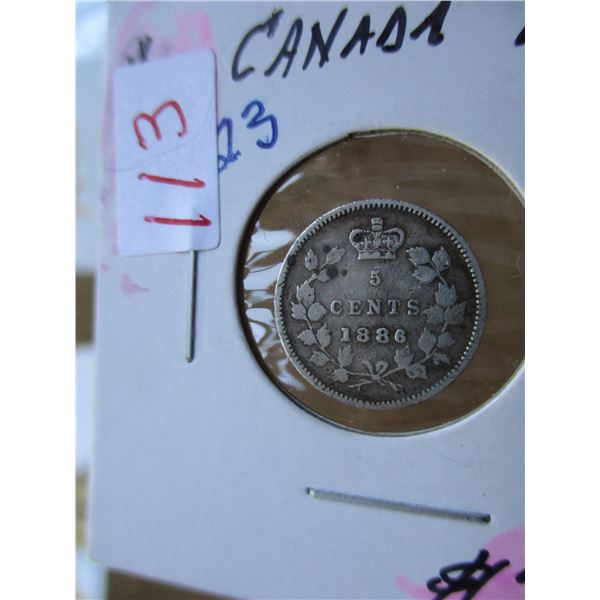 1886 SMALL 6 CANADA VICTORIAN SILVER FIVE CENT