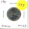 Image 1 : 1991 Canadian 25 Cents. Key Date. Mintage of 459,000. MS-63. Scarce.