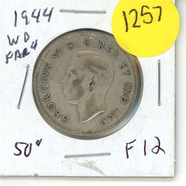 1944 WD Far 4 F12 50 Cent Canadian Coin
