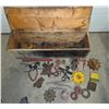 Image 1 : Hinged wood box w/ assorted farm machined parts