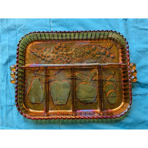 Vintage Carnival Glass 12"x9" Food Tray w/ Fruit Design