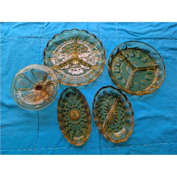 Lot of Amber Glass Set (2) Small Dishes (1) Divided Dish, etc.