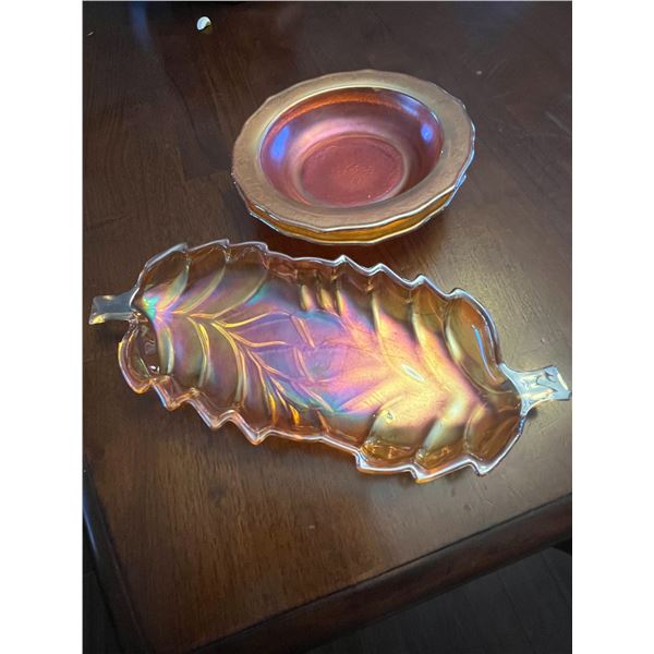 (3) Carnival Glassware (2) Bowls w/ Pattern (1) Leaf Tray Design