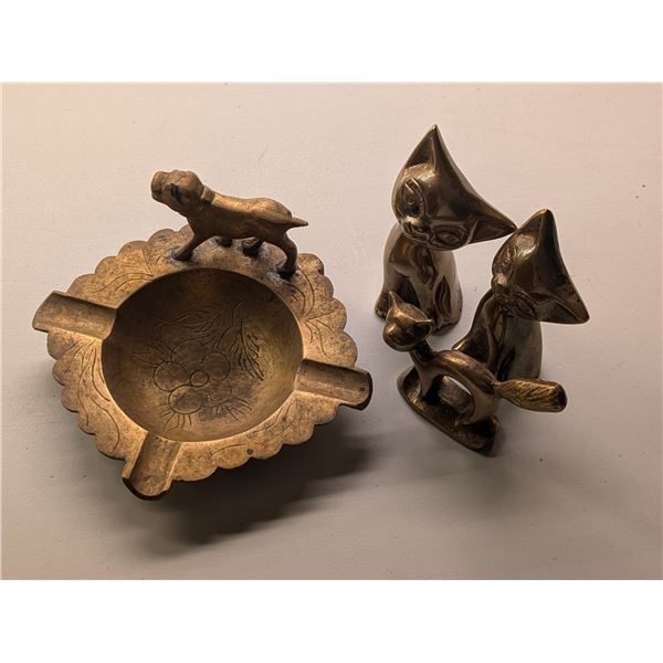 Vintage Brass Ashtray w/Boxer Dog and (3) Decor Brass Cats