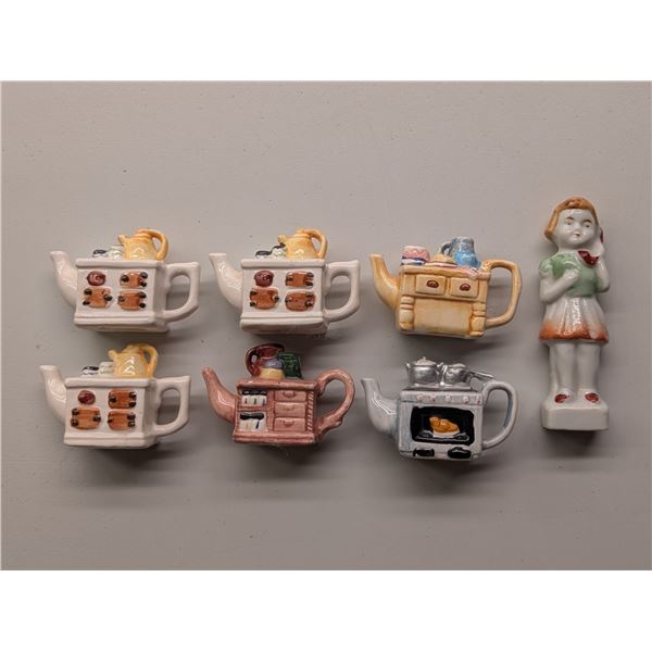 (6) Red Rose Set 1969 "Time For Tea" Figurines and (1) Vintage Ceramic "Girl Telephone" Figurine