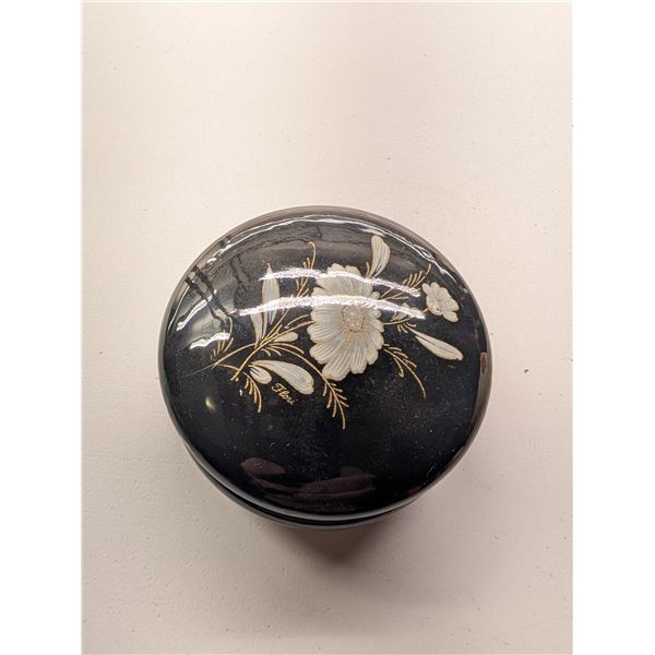 Vintage or Antique Black Lacquered Featuring Hand Painted Floral Design (Trinket Box)