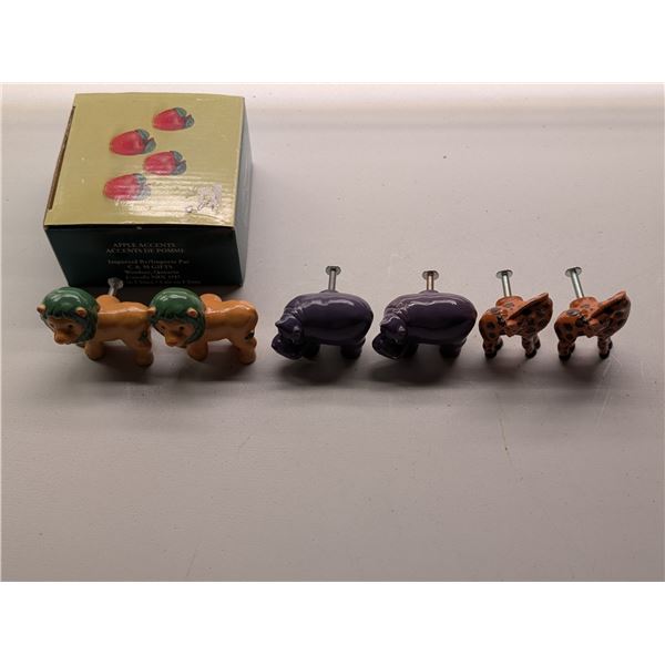 Lot of Vintage Animal Designed Accents (Drawer Knobs) and Original Box w/ (4) Apple Accents