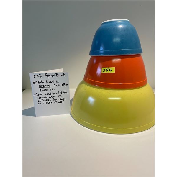 3 Pyrex Bowls: Yellow, Orange, Blue