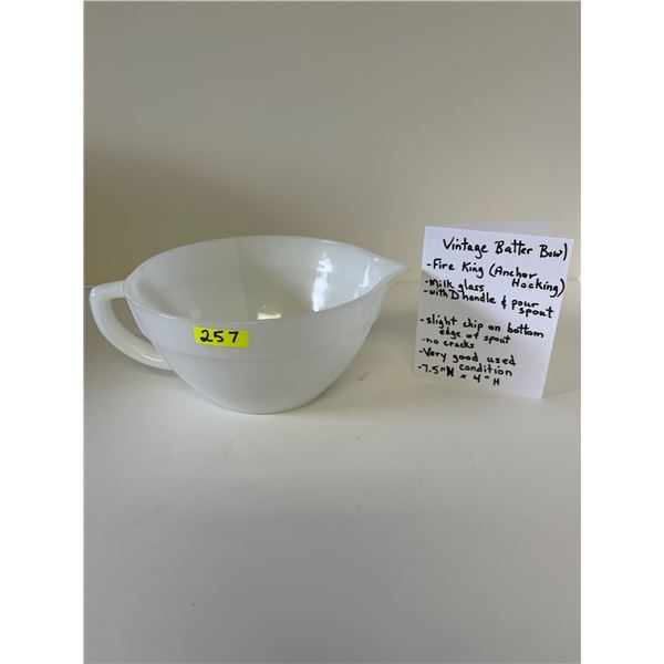 Vintage Fire King Batter Bowl: D Handle, Pour Spout.