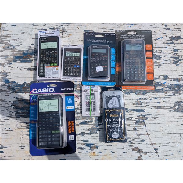 Lot of Calculators (Graphing, Pocket, etc.) w/ Mathematical Instruments