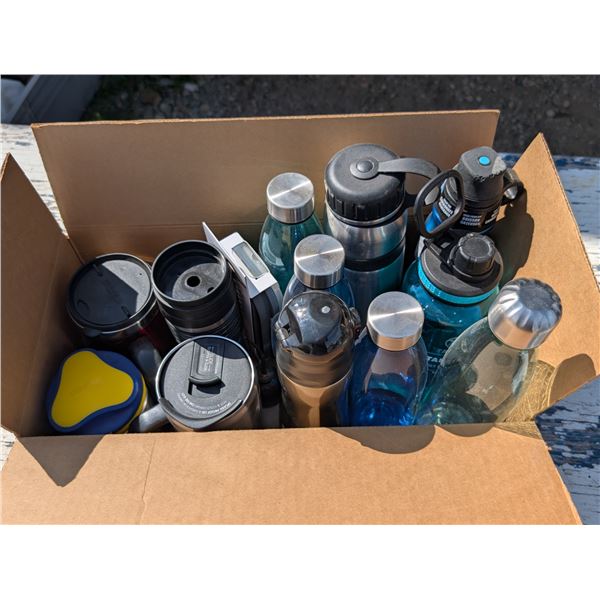 Boxful of Water Bottles (some Never Used) and Thermos