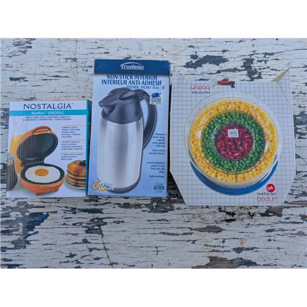 (3) Cooking Tools (2) Never Opened (Nostalgia My Mini Griddle/ Hot Pot Set) (1) Opened All Purpose K