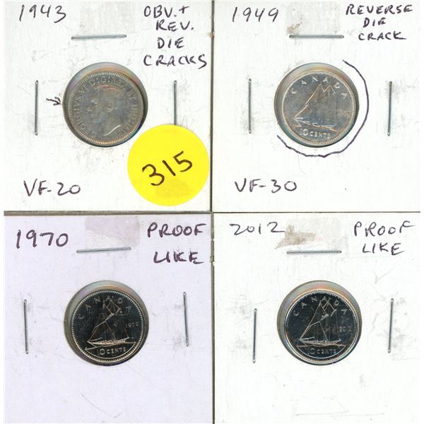 1943, 1949, 1970, 2012 Canadian 10 Cents Coin. (1943 and 1949 are Silver)