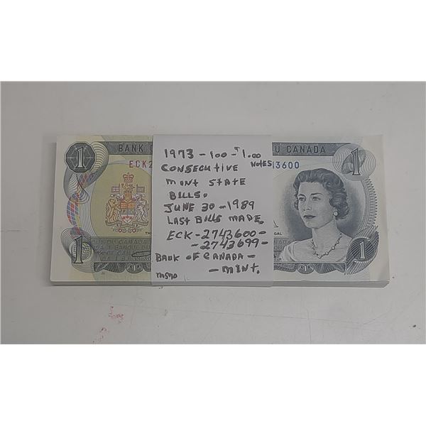 1973 Canadian (100) One Dollar Bills In Consecutive - Mint Condition.