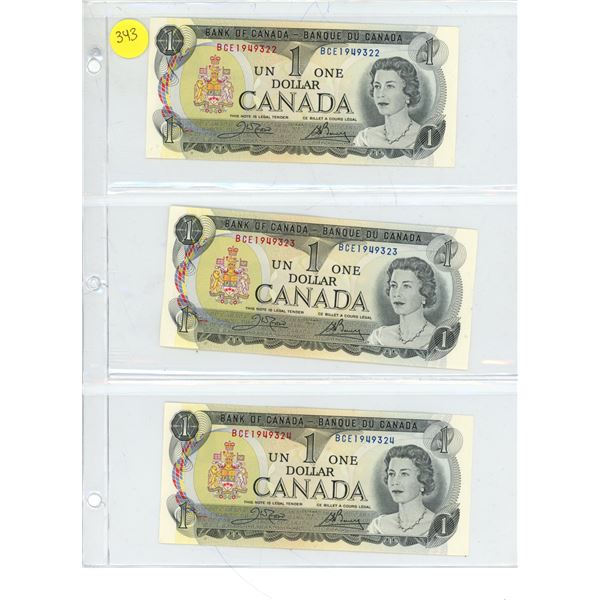 (3) Canadian One Dollar Bills W/ Following Sequence BCE1949322-23-24 Scenes of Canada Series (Maybe 