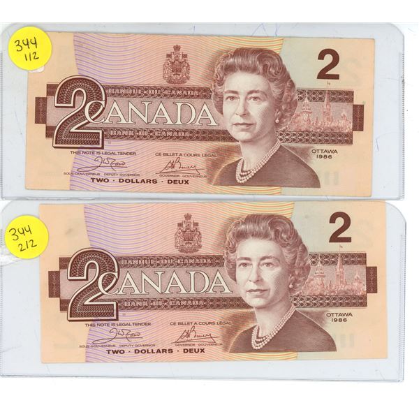 (2) Canadian Two Dollar Bills 1986 W/ Canadian Birds Series "Robin"