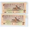 Image 2 : (2) Canadian Two Dollar Bills 1986 W/ Canadian Birds Series "Robin"