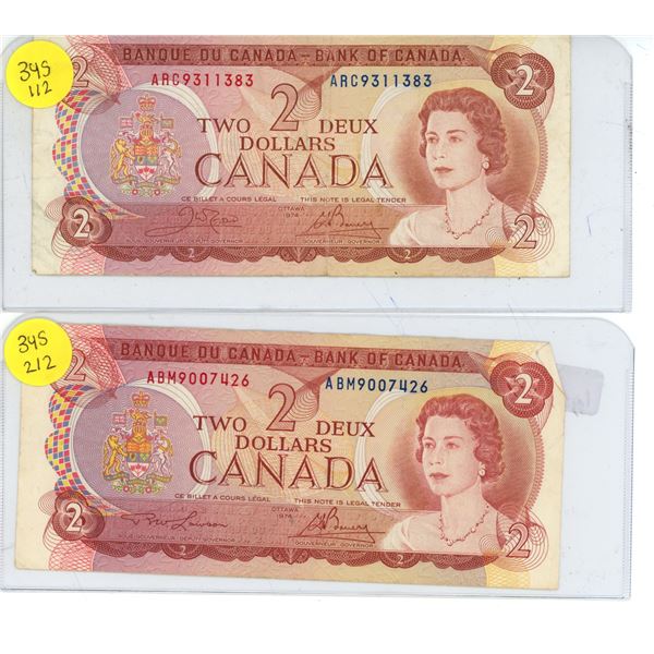 (2) Canadian Two Dollar Bills 1974 Scenes Of Canada