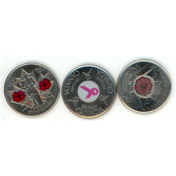 (3) Canadian 25 Cent Coins (Breast Cancer Awareness 2006, (2) 2004 and 2010 Remembrance Day Poppy Co