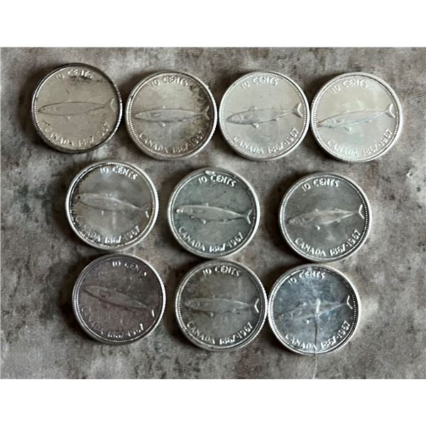 Lot of 10 Canadian Centennial Silver dimes from 1967.