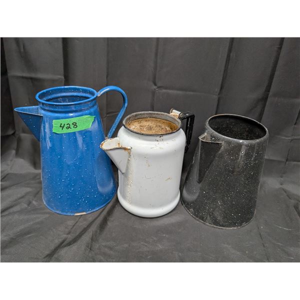 (3) Vintage Enamel Coffee Pots (All Lids Missing)