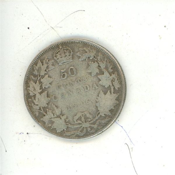 1916 Canadian Silver 50 Cents Coin.