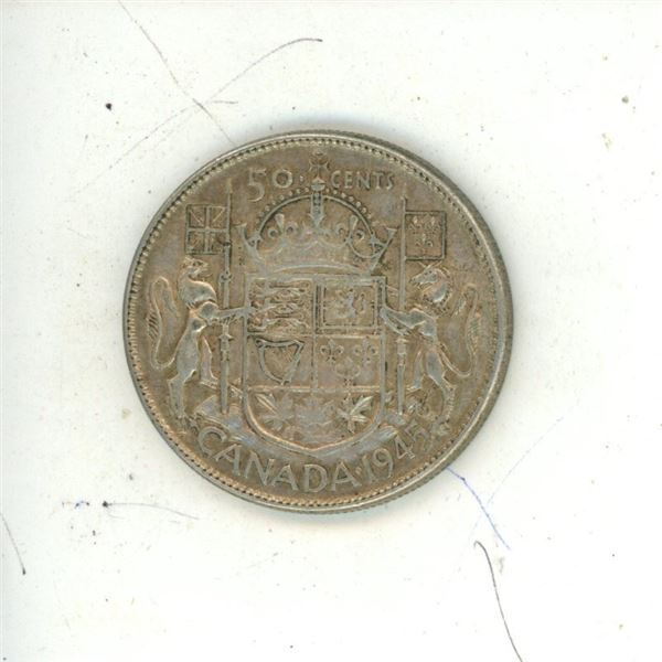 1945 Canadian Silver 50 Cents Coin.