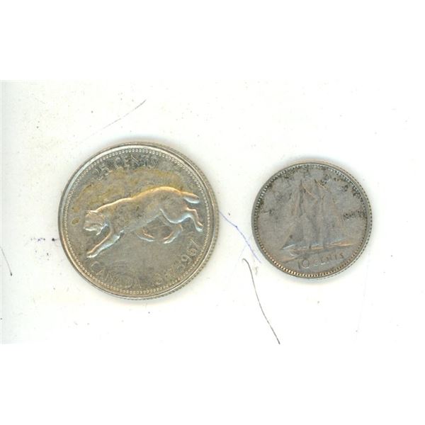 1947 Canadian 10 Cents and 1967 Canadian 25 Cents Silver Coins.
