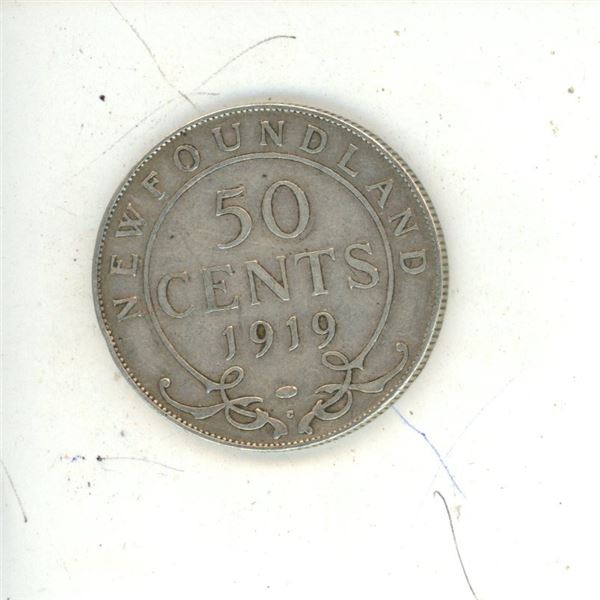 1919 New Foundland Silver 50 Cents Coin.